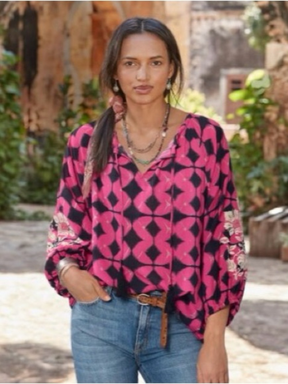 Sundance Small Hyacinth Batik Peasant Top Embroidered Sleeves Cotton Pink Navy